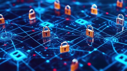 Poster - A flowing network grid with encrypted locks and keys, visualizing cybersecurity data protection and decryption technologies.