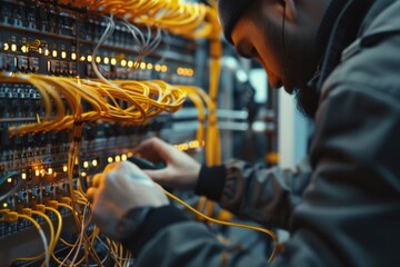 Poster - Man works on computer in a server room with racks and cables