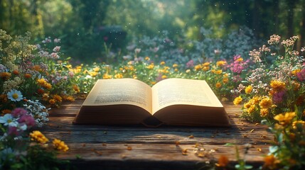 Poster - Serene 3D scene of an open book placed on a rustic wooden table surrounded by soft colorful flowers capturing the peaceful essence of reading and nature on World Book Day