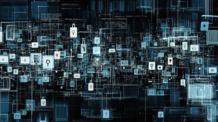 Poster - A flowing network grid with encrypted locks and keys, visualizing cybersecurity data protection and decryption technologies.