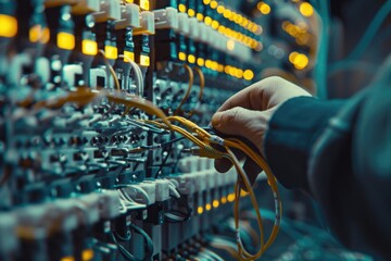 Poster - A technician is performing maintenance tasks on electrical wiring in a data center