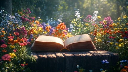 Poster - Serene 3D scene of an open book placed on a rustic wooden table surrounded by soft colorful flowers capturing the peaceful essence of reading and nature on World Book Day