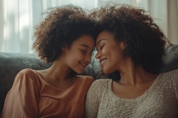 Side view shot of loving mother spending time with her daughter, touching foreheads while sitting on sofa at home, copy space, Generative AI