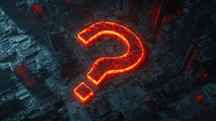 A glowing, bold question mark symbol with neon edges, floating in a futuristic, abstract digital environment, symbolizing curiosity.