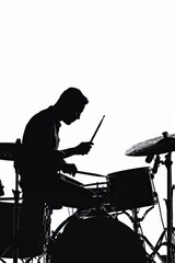 A person playing drums in a black and white photograph