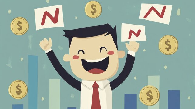 A happy cartoon character celebrating success, with coins and upward-pointing graphs, symbolizing growth and wealth.