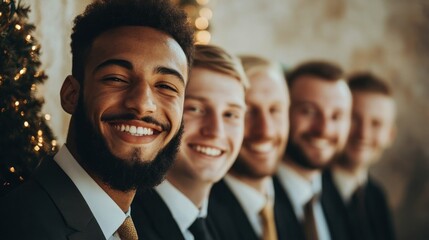 Diverse group of young men in suits, smiling warmly