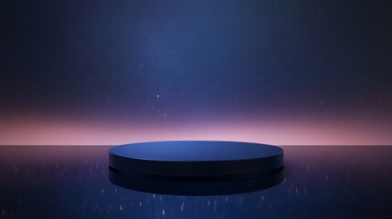 Poster - A dark circular platform is positioned against a starry sky with a soft gradient glow on the horizon, creating an intriguing atmosphere reminiscent of a fantastical realm during nighttime.