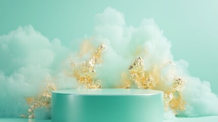 Fototapete - A mint green pedestal sits in front of a light green background with white clouds and gold foil.