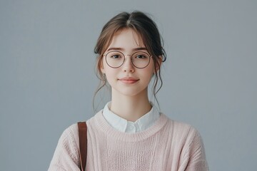 Charming school teacher standing on grey background