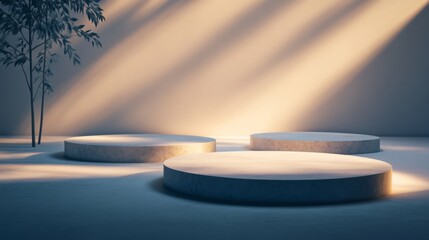 Aufkleber - In a serene indoor setting, three smooth circular platforms are gently illuminated by warm light. A single plant nearby adds a touch of nature, enhancing the tranquil atmosphere of the space.