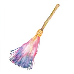 watercolor illustration witch broom pink and blue colors isolated on white background