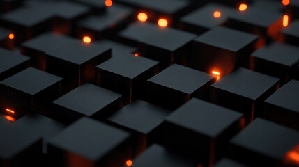 Poster - Abstract Dark Cubes with Glowing Orange Lines