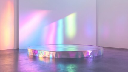 Aufkleber - A circular, reflective platform sits in a white room. The platform is reflecting the colorful light from the window, creating a vibrant rainbow effect.