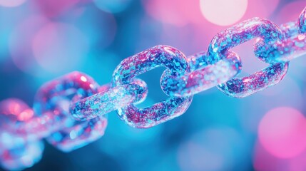 Poster - A vibrant digital chain with blue and pink hues, symbolizing connectivity and technology in a modern, futuristic landscape.