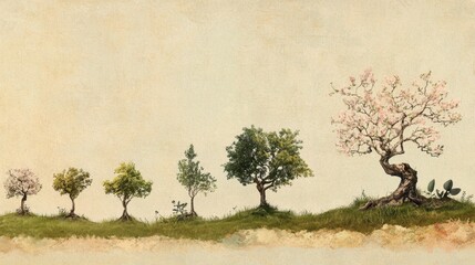 Poster - A visual timeline illustrating a tree's growth stages, from a tiny sapling to a fully bloomed tree, representing nature's evolution.
