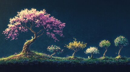 A visual timeline illustrating a tree's growth stages, from a tiny sapling to a fully bloomed tree, representing nature's evolution.