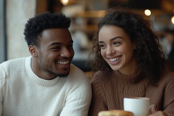 Happy european couple, man and woman talking, having date in cafe, eating sandwiches and drinking coffee indoors, Generative AI