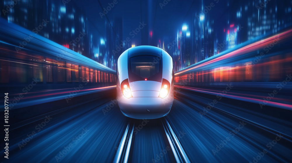 Futuristic High-Speed Train at Night A sleek high-speed train glides ...
