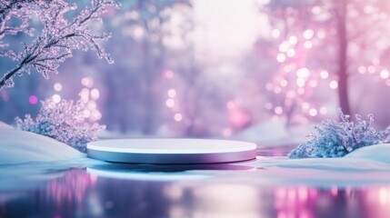 Poster - A circular platform stands serenely on a frozen water surface, surrounded by snow-covered trees and shimmering lights. The peaceful atmosphere evokes a sense of winter magic and tranquility.