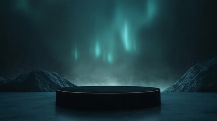 Aufkleber - The captivating display of the northern lights illuminates a tranquil landscape, creating a serene atmosphere. A circular platform rests in the foreground amidst dark mountains and mist.