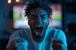 © James - An angry black guy is watching a football match on TV, shouting and gesturing with a remote control in his hand, Generative AI
