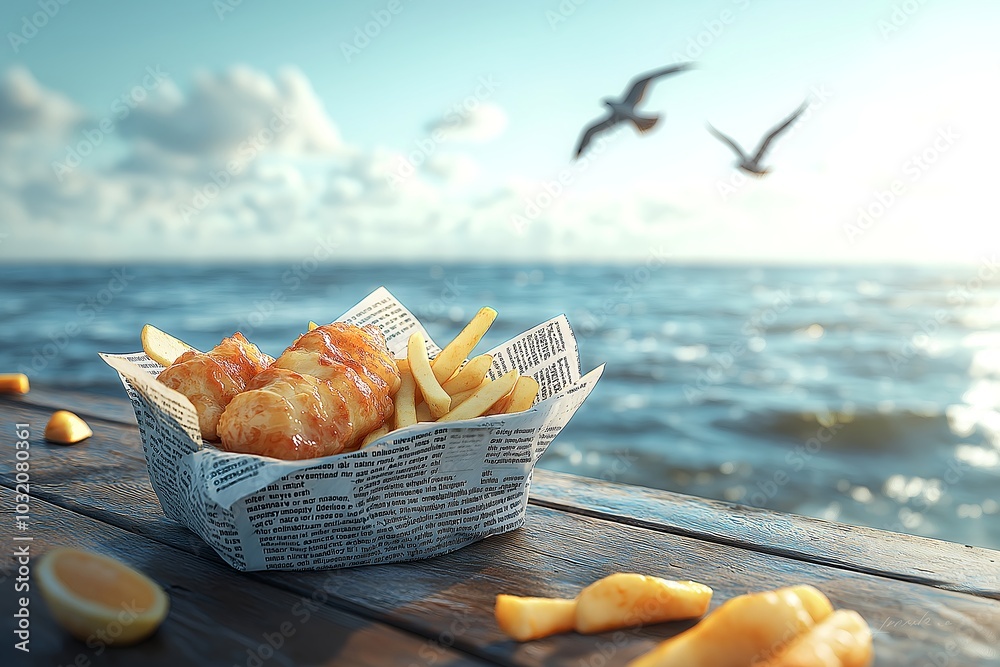 A Traditional Fish and Chips in a Newspaper Wrap, Presented on a ...