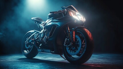 Poster - A black motorcycle is illuminated by blue and red lights, creating a dramatic and futuristic aesthetic.