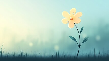 A single yellow flower with dew drops in a field of grass, a blurred background of blue and orange tones.