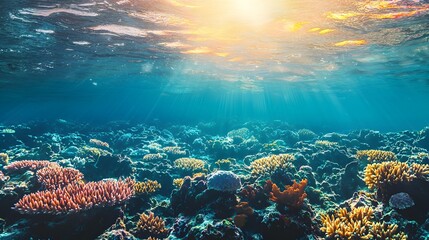 Wall Mural - vibrant coral reef underwater with sunlight filtering through the water