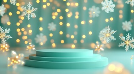 Aufkleber - The setting showcases teal circular podiums adorned with delicate snowflakes, surrounded by twinkling warm lights. This enchanting scene evokes a festive winter atmosphere, perfect for celebrations.