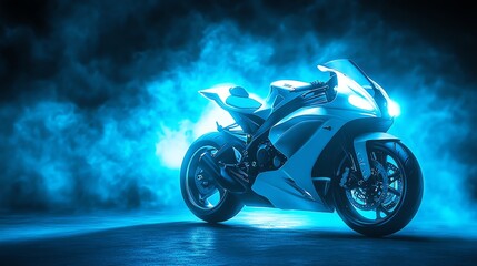 Poster - A white motorcycle is illuminated by blue light, creating a futuristic and dramatic scene.