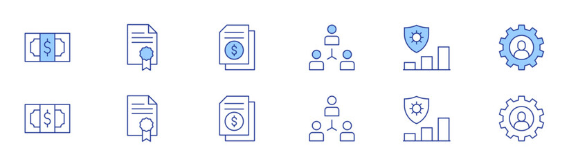 Business icon set in two styles, Duotone and Thin Line style. Editable stroke. cash, file, business, coordination, risk management