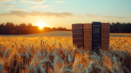 Poster - Serene scene of oldstyle books resting in a golden wheat field under the warm glow of a summer sunset capturing the essence of reading outdoors and celebrating literature's beauty