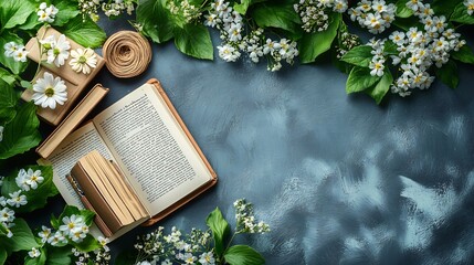 Fototapete - Serene World Book Day flat lay showcasing a journal floral accents and scattered books allowing ample copy space for inspiring messages about the joy of reading and storytelling