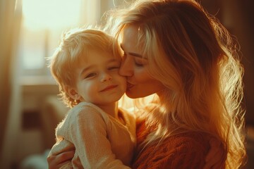 The son kisses his mother. Happy mother's day.Mother hugs her child. Shot of little boy kissing his mother at home, Generative AI