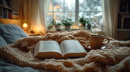 Poster - Serene World Book Day scene featuring an open book and steaming coffee cup nestled in the warmth of a plush blanket on a bed with soft winter light filtering through a frosty window