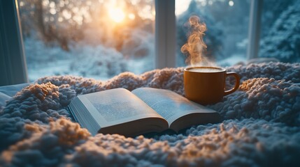Poster - Serene World Book Day scene featuring an open book and steaming coffee cup nestled in the warmth of a plush blanket on a bed with soft winter light filtering through a frosty window
