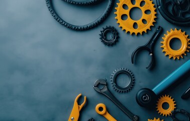 Close up shot of a collection of various metallic gears cogs and mechanical tools on a textured dark background  This image represents the concepts of engineering industrial technology machinery