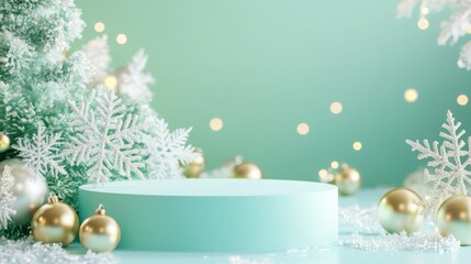 Poster - A mint green circular display sits surrounded by shimmering golden ornaments, soft snowflakes, and a lush evergreen tree, creating a magical atmosphere perfect for holiday celebrations.