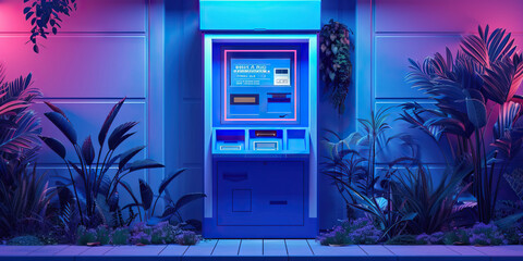 A vibrant cobalt blue bank ATM kiosk, allowing customers to conduct transactions 24/7 in a secure and convenient manner.