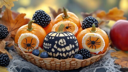 A festive Halloween fruit basket with clementine's decorated to look like pumpkins, blackberries and blueberries arranged like spiders, and apple slices carved with spooky patterns.