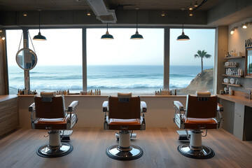 Canvas Print - Beachfront Barber Shop with Open Sea Views and Light Decor  