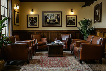 Canvas Print - Inviting Barbershop Waiting Area with Vintage Furnishings and Decor  