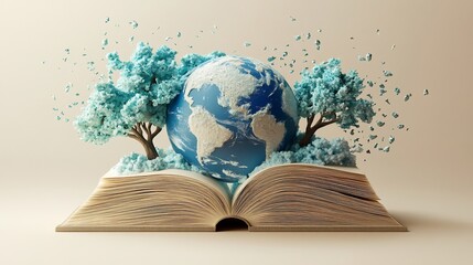 Poster - Sophisticated 3D illustration for World Book Day featuring an open book with a globe and stylized tree designs set against a muted beige background highlighting simplicity and harmony