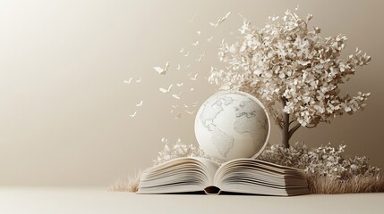 Poster - Sophisticated 3D illustration for World Book Day featuring an open book with a globe and stylized tree designs set against a muted beige background highlighting simplicity and harmony