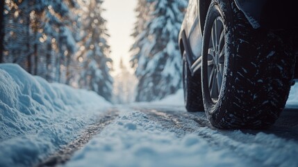 Poster - A vehicle rests on the snowy side of a road surrounded by tall trees blanketed in snow, capturing the tranquility of a winter scene at dawn. The path is partially visible, inviting exploration.