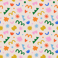 Poster - Fun colorful geometric shape seamless pattern. Creative abstract children style art background for kids, trendy design with organic geometry shapes. Simple childish wallpaper texture.