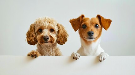 Two dogs looking over a white board