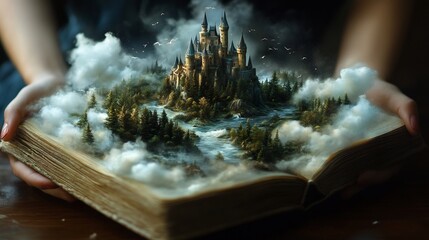 Poster - Storybook with a majestic castle rising from its pages surrounded by clouds trees and rivers in a fantasy landscape perfect for capturing the imagination on World Book Day